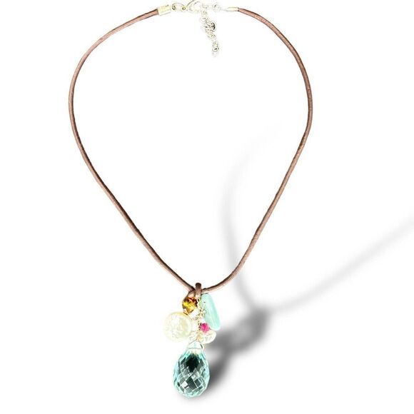 Bohemian Looks Necklace Glass & Pearl Beads Dangle Pendant Leather Cord - Picture 1 of 6